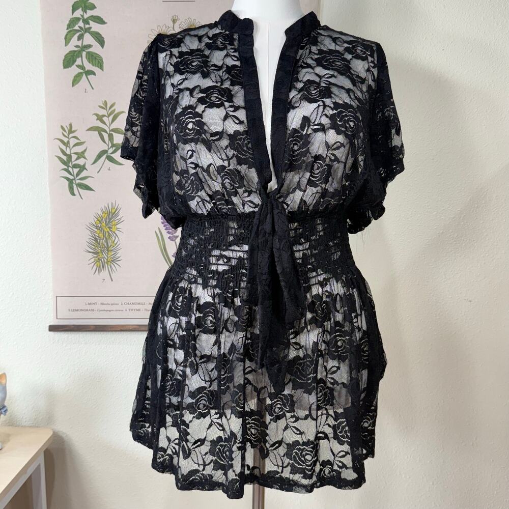 Y2k Sheer Lace Tie Front Top Romantic Goth Dark Coquette Vampire Whimsigoth 3X